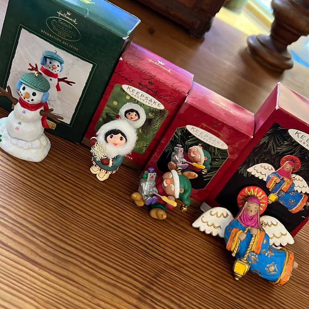 4 Hallmark Ornmnts-Bringing Her Gift, In the Workshop, Lighting the Way, Snowman